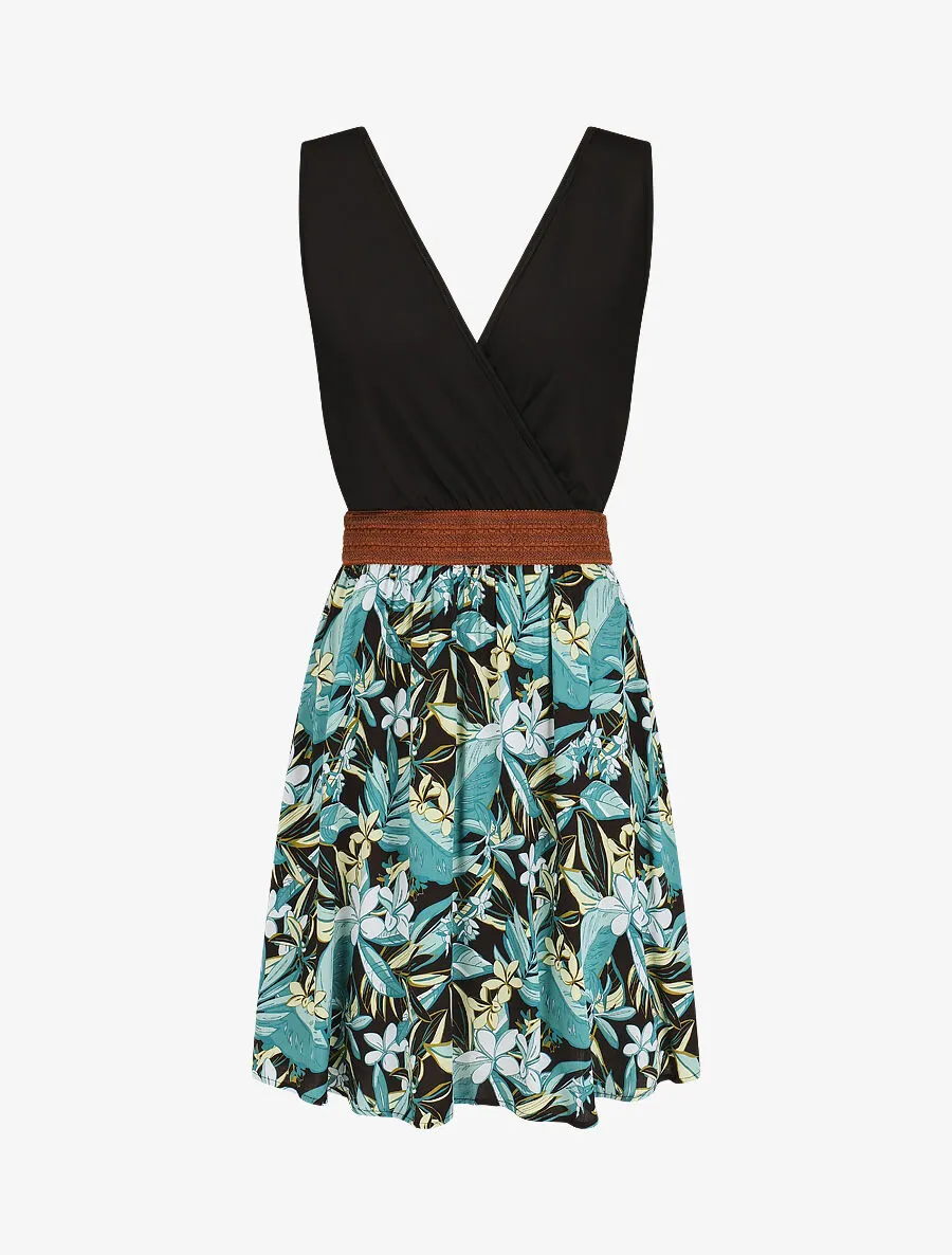 Robe élastiquée à jupe imprimé fleuri - Vert