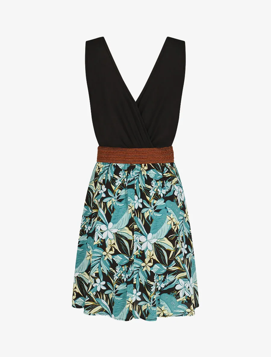 Robe élastiquée à jupe imprimé fleuri - Vert